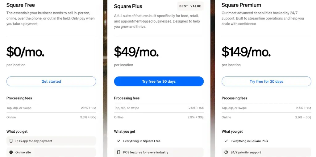 Square pricing